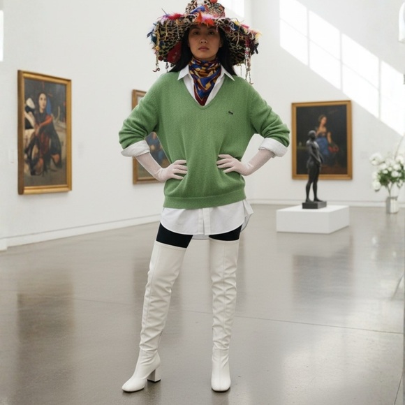 Vintage Izod V-Neck Sweater 70s Green Alligator Logo Preppy Old Money L - Picture 5 of 10